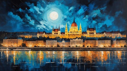 Naklejka premium night sky in budapest hungary theme oil pallet knife paint painting on canvas with large brush strokes modern art illustration abstract from Generative AI
