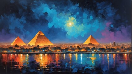 night sky in cairo egypt theme oil pallet knife paint painting on canvas with large brush strokes modern art illustration abstract from Generative AI - obrazy, fototapety, plakaty
