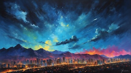 night sky in caracas venezuela theme oil pallet knife paint painting on canvas with large brush strokes modern art illustration abstract from Generative AI - obrazy, fototapety, plakaty