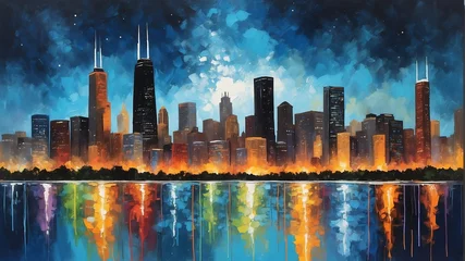 Foto op Plexiglas night sky in chicago united states theme oil pallet knife paint painting on canvas with large brush strokes modern art illustration abstract from Generative AI © SevenThreeSky