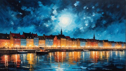 night sky in copenhagen denmark theme oil pallet knife paint painting on canvas with large brush strokes modern art illustration abstract from Generative AI