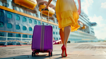 Rich, posh, fashionable woman wearing trendy clothes with vibrant suitcase and colorful heels boards a cruise ship for a sunny vacation, low angle view