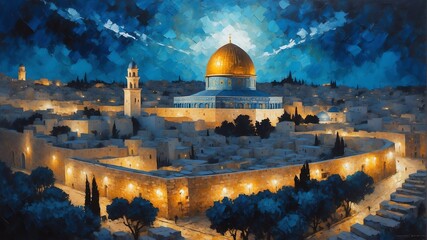 Naklejka premium night sky in jerusalem israel theme oil pallet knife paint painting on canvas with large brush strokes modern art illustration abstract from Generative AI
