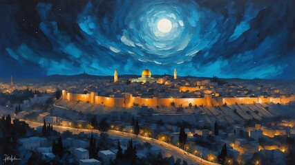 Naklejka premium night sky in jerusalem israel theme oil pallet knife paint painting on canvas with large brush strokes modern art illustration abstract from Generative AI