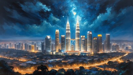 Fototapeta premium night sky in kuala lumpur malaysia theme oil pallet knife paint painting on canvas with large brush strokes modern art illustration abstract from Generative AI