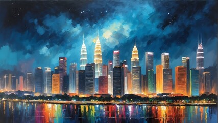 Fototapeta premium night sky in kuala lumpur malaysia theme oil pallet knife paint painting on canvas with large brush strokes modern art illustration abstract from Generative AI