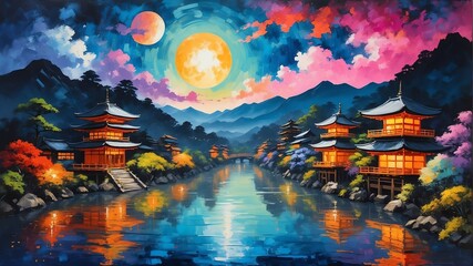 Fototapeta premium night sky in kyoto japan theme oil pallet knife paint painting on canvas with large brush strokes modern art illustration abstract from Generative AI