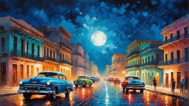 night sky in havana cuba theme oil pallet knife paint painting on canvas with large brush strokes modern art illustration abstract from Generative AI