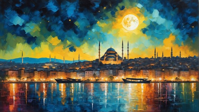 night sky in istanbul turkey theme oil pallet knife paint painting on canvas with large brush strokes modern art illustration abstract from Generative AI