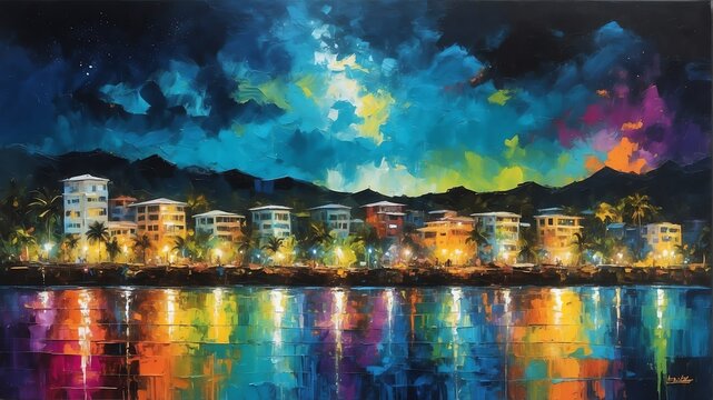 night sky in kingston jamaica theme oil pallet knife paint painting on canvas with large brush strokes modern art illustration abstract from Generative AI