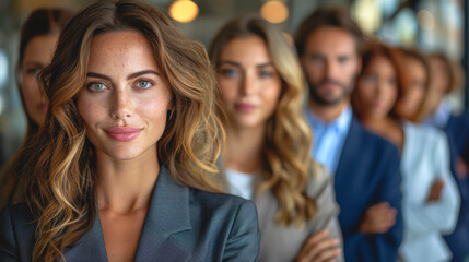 Fototapeta premium Businesswoman standing in office with colleagues in background.