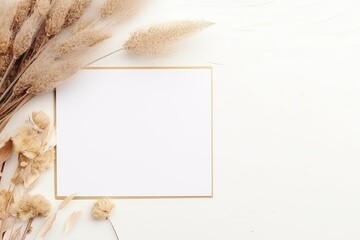 Rustic-themed mockup featuring pampas grass with a neutral palette and a blank card on a white wooden surface. Rustic Mockup with Pampas Grass and Card
