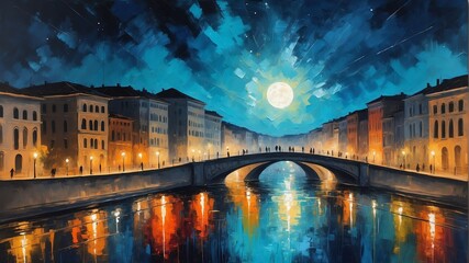 Naklejka premium night sky in milan italy theme oil pallet knife paint painting on canvas with large brush strokes modern art illustration abstract from Generative AI