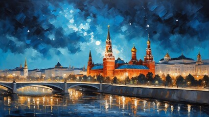 night sky in moscow russia theme oil pallet knife paint painting on canvas with large brush strokes modern art illustration abstract from Generative AI - obrazy, fototapety, plakaty