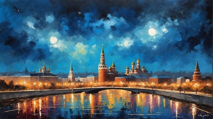 night sky in moscow russia theme oil pallet knife paint painting on canvas with large brush strokes modern art illustration abstract from Generative AI - obrazy, fototapety, plakaty