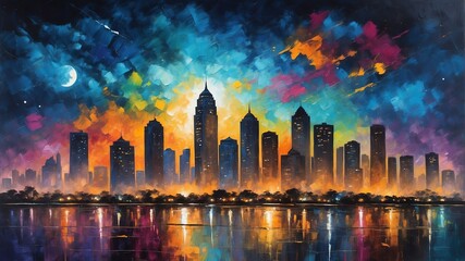 night sky in mumbai india theme oil pallet knife paint painting on canvas with large brush strokes modern art illustration abstract from Generative AI - obrazy, fototapety, plakaty