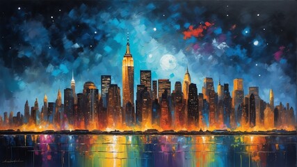 night sky in new york united states theme oil pallet knife paint painting on canvas with large brush strokes modern art illustration abstract from Generative AI - obrazy, fototapety, plakaty