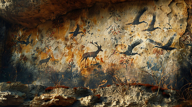 Ancient cave paintings depicting hunting scenes