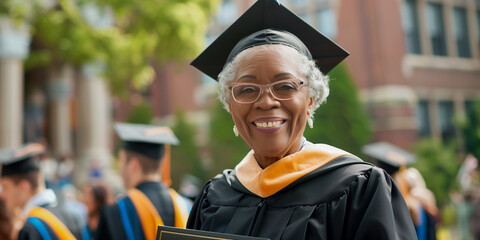 Senior African-American woman celebrates her academic success, dressed in graduation regalia and holding diploma. Lifelong learning and fulfillment of achieving educational goals in golden years - obrazy, fototapety, plakaty