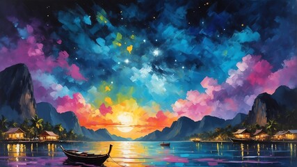 night sky in phuket thailand theme oil pallet knife paint painting on canvas with large brush strokes modern art illustration abstract from Generative AI - obrazy, fototapety, plakaty