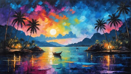 night sky in phuket thailand theme oil pallet knife paint painting on canvas with large brush strokes modern art illustration abstract from Generative AI - obrazy, fototapety, plakaty
