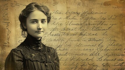 A vintage portrait of a young woman from a bygone era superimposed on a background of aged paper filled with handwritten script - AI Generated Digital Art