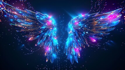 Angel wings, abstract neon background.