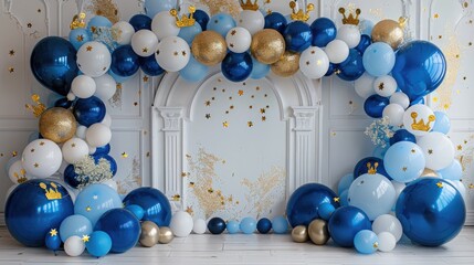 An ornate balloon arch in an elegant room, comprising a sophisticated color palette of royal blue, white, and gold. Various shades of blue balloons, from navy to light blue - AI Generated Digital Art