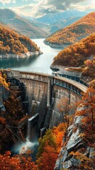 A majestic hydroelectric dam nestled in a mountainous landscape, its massive structure holding back the power of the river to generate clean energy, captured in the vibrant light of an autumn