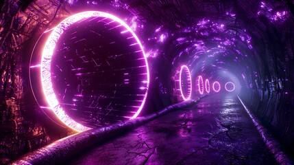 Abstract neon background, round tunnel.