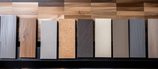 Assortment of different types of wooden materials displayed neatly on a shelving unit for selection and comparison