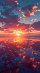 A vibrant sunset illuminating a vast solar power plant, with thousands of photovoltaic panels reflecting the fiery hues of the sky, showcasing the scale and potential of solar energy