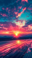 A vibrant sunset illuminating a vast solar power plant, with thousands of photovoltaic panels reflecting the fiery hues of the sky, showcasing the scale and potential of solar energy