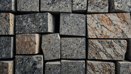 Granite background. Variety of crumpled granite slabs. Top view to stack of granite slabs.