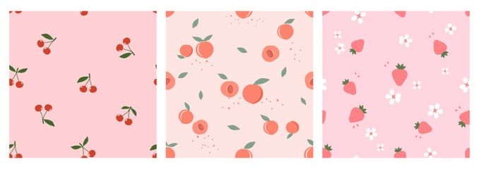 Seamless patterns with red cherry, peach fruit, strawberries, green leaves and white flower on pink backgrounds vector. Set of cute fruit prints vector.