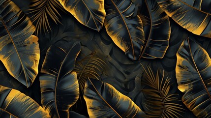 Step into a tropical paradise where grunge golden banana leaves and palm fronds intertwine to create an exotic seamless pattern. - obrazy, fototapety, plakaty