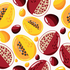 Easter seamless pattern with decorated eggs with papaya, garnet and red, yellow eggs for holiday poster, textile or packaging	