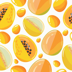 Easter seamless pattern with decorated eggs with papaya, mango, melon and yellow eggs for holiday poster, textile or packaging