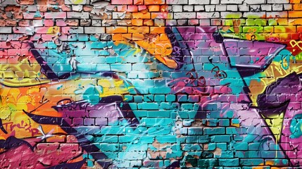 Step into a world where graffiti transforms a humble brick wall into a canvas of boundless imagination. - obrazy, fototapety, plakaty