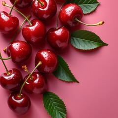 Red cherry on pink background. Ripe red cherry berries as background. Flat lay, top view, copy space ai technology