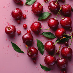 Red cherry on pink background. Ripe red cherry berries as background. Flat lay, top view, copy space ai technology