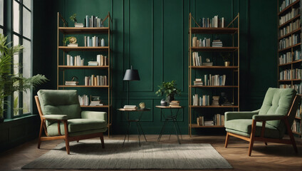 Library wall mockup with cozy armchairs and floor-to-ceiling bookshelves on forest green wall background. Change the colors and make each prompt different.