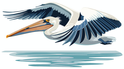 Pelican in flight on the lake flat vector 