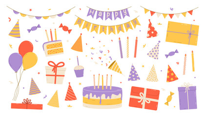 Birthday party set. Gifts presents, cupcake and celebration cake. Balloons and flags. Flat vector isolated illustration