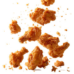 Fried chicken nuggets with crumbs falling.
