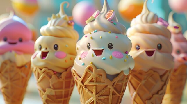 Animated ice cream cones with cute faces and accessories, closeup, National Ice Cream concept