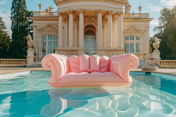 Inflatable pastel pink sofa in the style of rococo floating in the luxury swimming pool on the background of rich rococo manor  estate, summer vacation