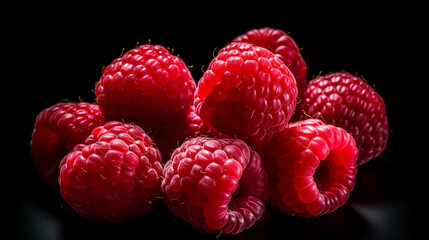 Raspberries on black background, promotional stock photo