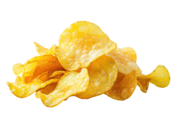 Pile of potato chips close-up isolated on transparent background, clipart, cutout, png.