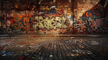 Naklejka premium Witness the beauty of urban artistry as graffiti transforms a nondescript brick wall into a visual masterpiece.